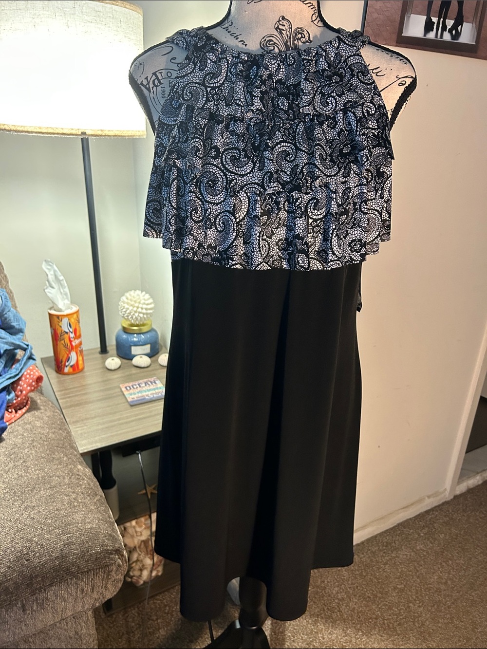 Black A-Line Skirt with Navy Patterned Overlay